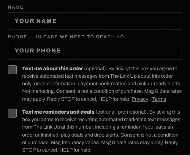 Screenshot of the order page showing the two separate, unticked text message boxes under the phone number field